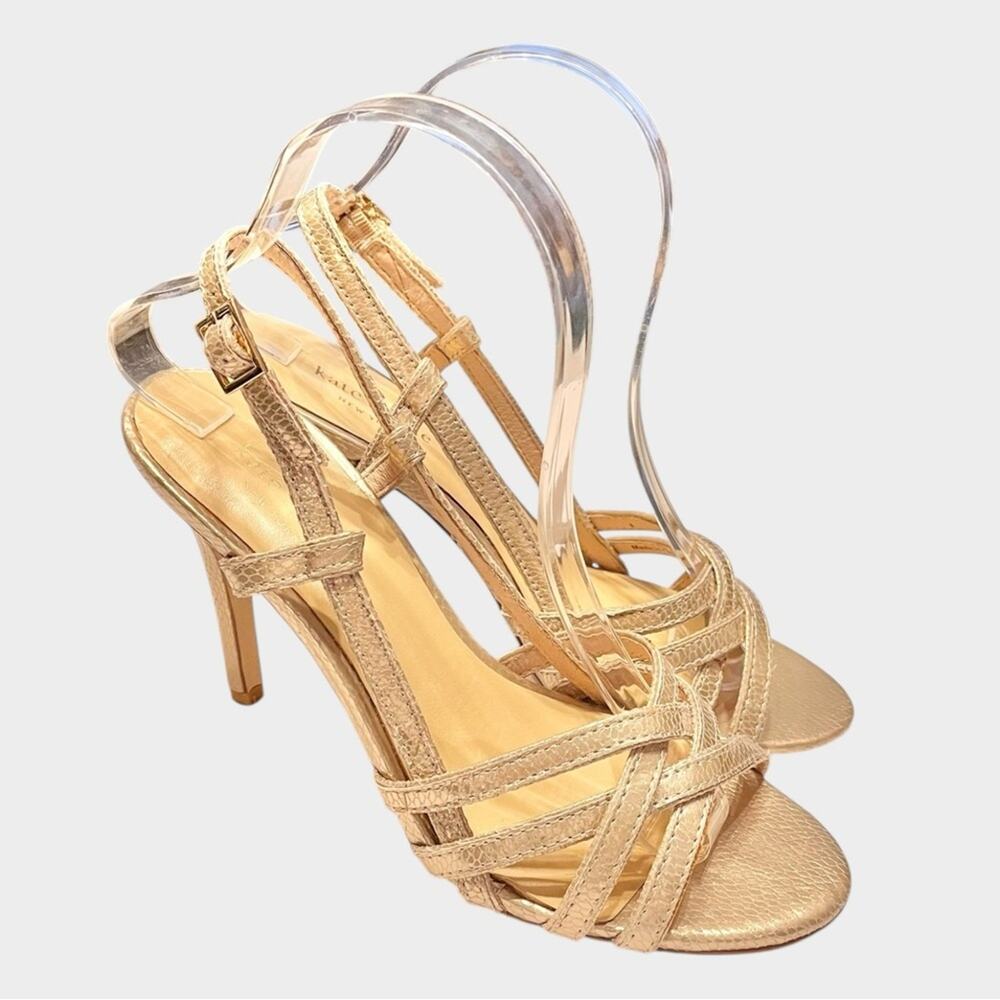 KATE SPADE Platino Gold Snake Embossed Strappy Heels Size 8 Glam - Picture 4 of 9